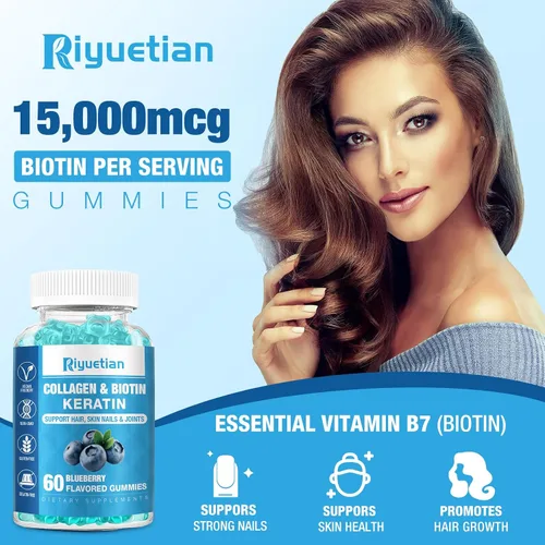 Vista 3 de Gomitas de biotina de 15000 mcg con colágeno para adultos, mujeres y hombres - Gomitas para cabello, piel y uñas con biotina - Colágeno para mujer