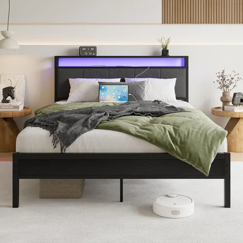 Vista 11 de Base de cama de tamaño matrimonial con estantes de almacenamiento, cabecera tapizada, color gris LED Lights Charging Station,Heavy Duty Metal Bed