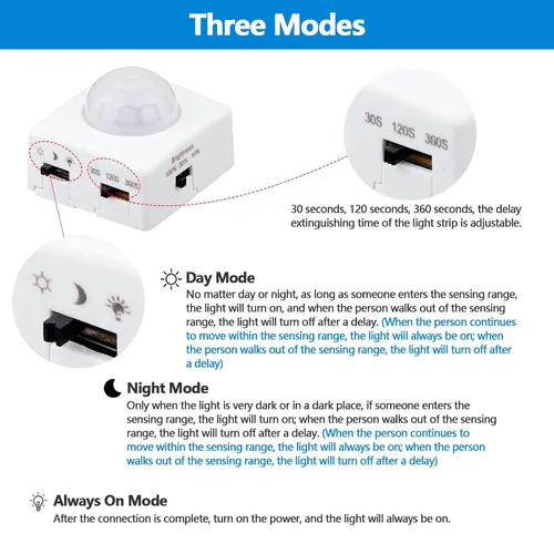 Vista 3 de GOMING Interruptor de sensor activado por movimiento humano PIR regulable de 5 V, 12 V, 24 V, 3 modos de iluminación, 3 modos de apagado, 3 modos