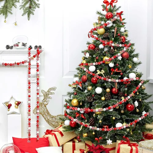 Vista 7 de Misdary 200 piezas de cuentas navideñas para manualidades, cuentas navideñas de madera, rojas y blancas, caramelo de menta, jengibre para joyería