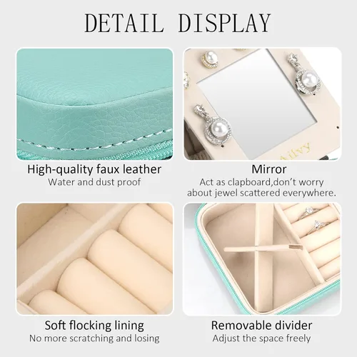Vista 3 de Ailvy Organizador de joyas de viaje con espejo, joyero pequeño, portátil, estuche de joyería para aretes, anillos, collares, pulseras, regalo