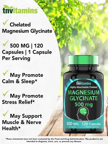 Vista 3 de Glicinato de magnesio 500 mg por cápsula – 120 unidades Suministro de 4 meses Suplemento de magnesio quelado puro para dormir, calma, nervios