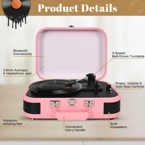 Vista 2 de Vintage Suitcase - Tocadiscos portátil Bluetooth de 3 velocidades con altavoces integrados, para discos de vinilo de 7/10/12 pulgadas (rosa)