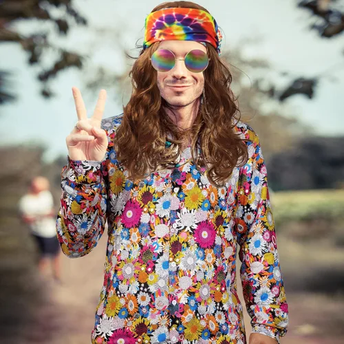 Vista 6 de Disfraz hippie de discoteca de los años 60 y 70 para hombre, diseño floral, vintage, camisa de manga larga, Groovy para Halloween y cosplay
