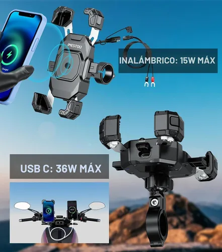 Vista 2 de iMESTOU Soporte de teléfono con cargador USB C inalámbrico para motocicleta