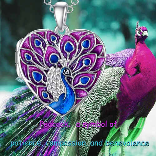 Vista 6 de SOULMEET Collar con medallón de mariposa de resina epoxi en forma de corazón, pavo real, colibrí, lotorosa que sostiene fotos fotos de plata de ley