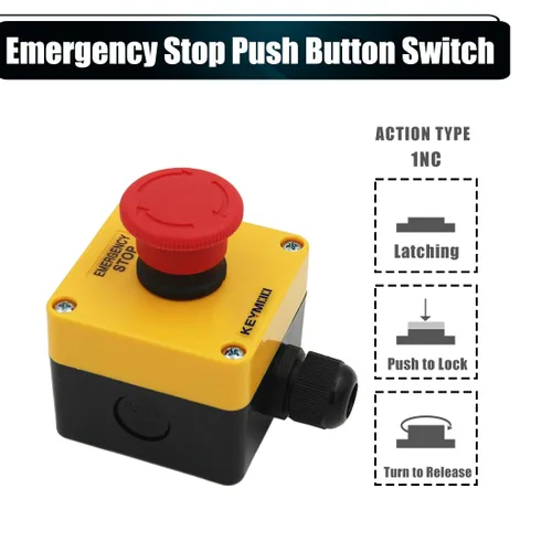 Vista 2 de Interruptor de botón de parada de emergencia, 1NC 10A 660V con caja impermeable IP65, 2 conectores negros PG13.5 (1)