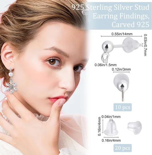 Vista 2 de Beebeecraft 1 caja de 10 piezas de aretes de bola de plata de ley 925 con tuercas de plástico para fabricación de joyas