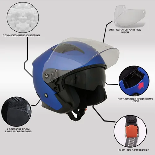 Vista 2 de Milwaukee Helmets MPH9823DOT 'Shift' - Casco azul de cara abierta 3/4 para hombres y mujeres con visera tintada desplegable