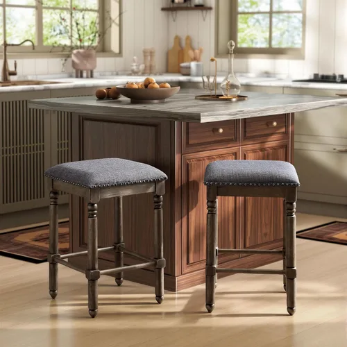 Vista 3 de Roundhill Furniture Arnhem Taburetes tapizados de madera para encimera, juego de 2, color gris
