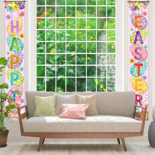 Vista 5 de Cartel de Pascua para porche, conejo, huevo, conejo, margarita, fiesta, puerta delantera, letrero para colgar en la pared, decoración de primavera