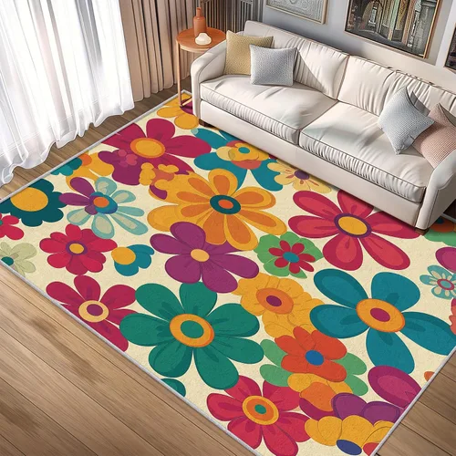 Vista 2 de Alfombra retro floral de 2 x 3 pulgadas, lavable de los años 60 y 70, alfombras hippie para entrada, dormitorio, cocina, alfombra de área de flores