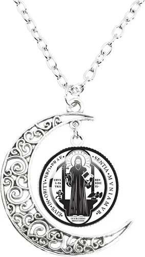 Vista 2 de Collar de plata de ley 925 de San Benito Medallón luminoso de San Benito Collar de Luna Católica Colgante San Benito Joyería medalla de san benito