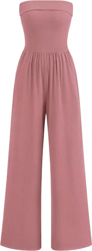 Vista 10 de PRETTYGARDEN Overol de tubo para mujer, elegante, casual, hombros descubiertos, pierna ancha, overol de una pieza, trajes de verano para vacaciones