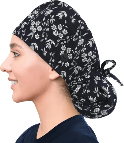 Vista 6 de Gorra de trabajo ajustable con botón, gorro de trabajo de algodón, banda para el sudor con bolsillo para cola de caballo, lazo elástico