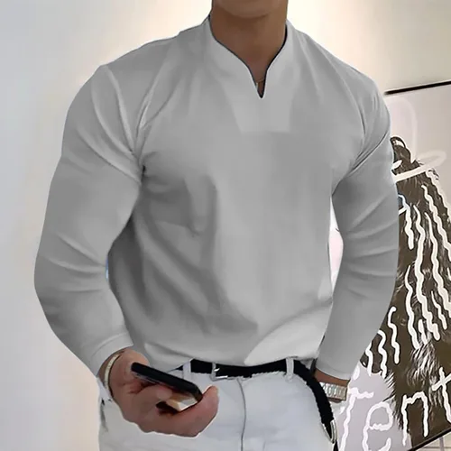 Vista 4 de DuDubaby Camiseta de manga larga con cuello en V para hombre, casual, color sólido, cuello en V, camiseta de manga larga para caballeros