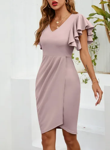 Vista 2 de IHOT Vestido de cóctel para mujer, con cuello en V, manga con volantes, fruncido, casual, para cóctel, fiesta, trabajo
