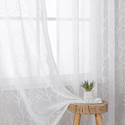 Vista 81 de VISIONTEX 2 paneles de cortinas traslúcidas de 63 in de largo, cortinas de gasa semitransparentes bordadas con hojas florales beige, bolsillo