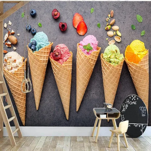 Vista 2 de Mural 3D moderno y fresco de helado, papel tapiz de fotos de cocina de helado colorido de verano, adhesivo de pared para sala de estar, dormitorio