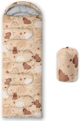 Vista 21 de AILONEN Saco de dormir de campamento de dibujos animados para niños y niñas, adultos, ligero e impermeable, 3 estaciones, clima cálido y frío
