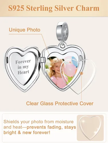 Vista 6 de Custom4U Photo Charms for Bracelets 925 Sterling Silver/Gold Plated Heart/Tree of Life/Round Charm Bead Personalized with Picture Custom