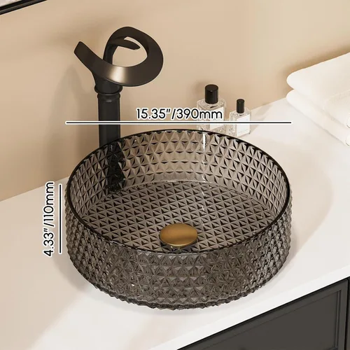 Vista 5 de Fregadero de Vaso de Vidrio Negro Lovedima, Lavabo de Tocador de Baño Sobre Encimera