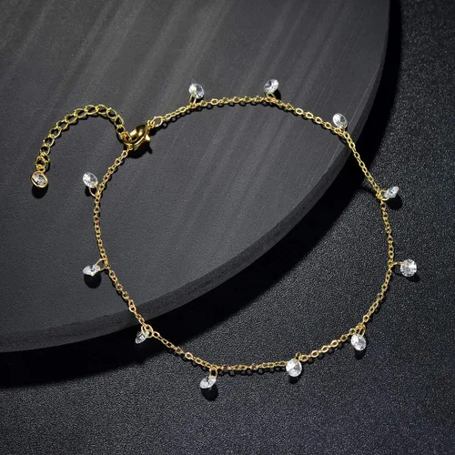 Vista 4 de LOYATA - Tobillera delicada bañada en oro de 14 quilates para mujeres, con pequeña cruz de circonia cúbica blanca y borlas bonita joyería