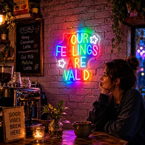 Vista 6 de Letrero de neón para decoración de pared, regulable con texto en inglés "Your Feelings Are Valid", luces de neón LED, letreros iluminados