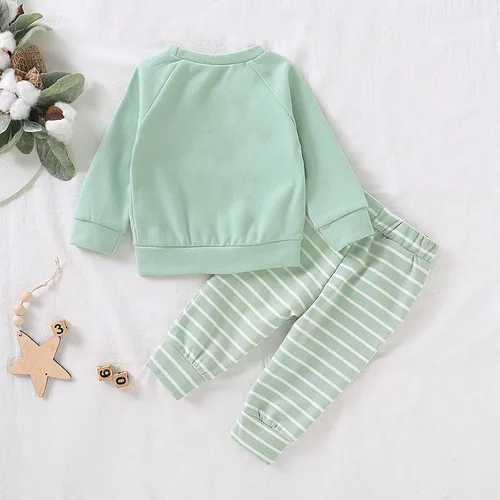 Vista 7 de Conjunto de sudadera para bebé niña y niña, conjunto de ropa de primavera e invierno de manga larga + pantalones a rayas, 2 piezas