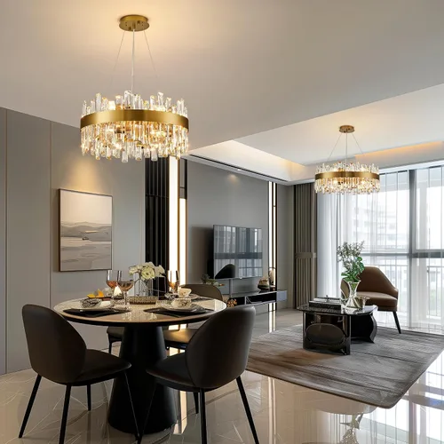 Vista 2 de Siljoy - Candelabro de cristal moderno, 12 luces, lujoso, redondo, de 2 niveles, con cristal K9 en forma de gota de lluvia, lámpara colgante de Oro