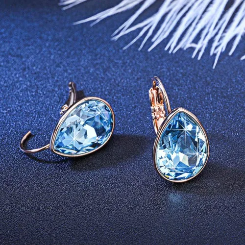 Vista 3 de Aretes colgantes de cristal Swarovski para mujer, de cierre catalán, diseño de lágrima, chapados en oro rosa de 14 quilates, joyería hipoalergénica