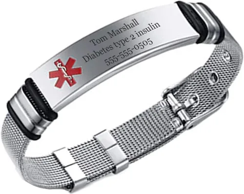 Vista 2 de Pulsera de malla de acero inoxidable personalizable con grabado láser, ajustable, alerta médica, pulseras de identificación de EE. UU. con tarjeta