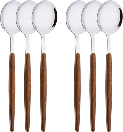 Vista 9 de Juego de cubiertos de acero inoxidable con mango de efecto de madera Cubiertos pulidos con espejo plateado, utensilios de cocina para el hogar