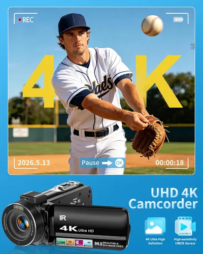 Vista 3 de Cámara de video 4K Videocámara 96MP UHD Vlogging Cámara para YouTube 18X Zoom digital 3.0 IPS Pantalla táctil de rotación de 270° Grabadora de video