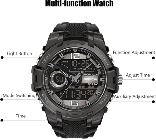 Vista 3 de RORIOS Reloj de cuarzo digital para hombre, reloj de pulsera con temporizador de alarma