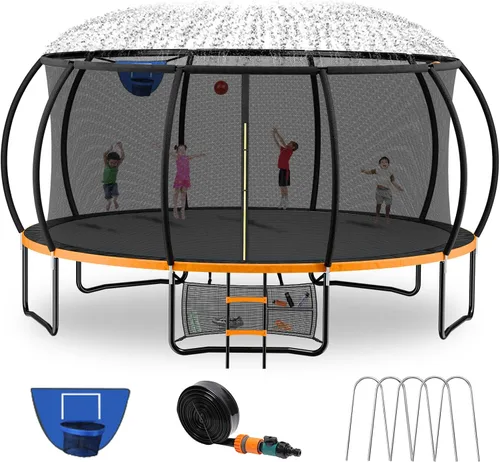 Vista 12 de Kiivakii Trampolín de 12, 14, 16 pies, trampolines grandes para exteriores para niños y adultos, trampolines recreativos con aro de baloncesto