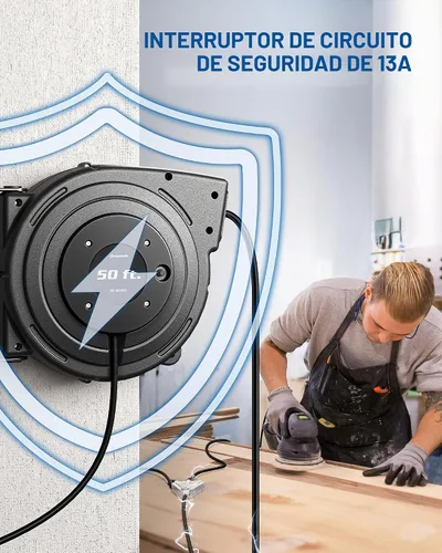 Vista 7 de DEWENWILS - Carrete de cable de extensión retráctil, cable de alimentación resistente de 50 pies, 14/3AWG SJTOW, tomas triples iluminadas, disyuntor