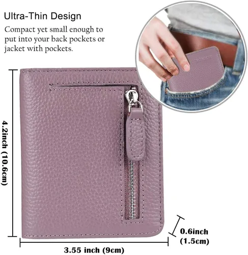 Vista 5 de Funtor Cartera de cuero para mujer, pequeña y compacta, con bolsillo doble, bloqueo RFID, para mujer