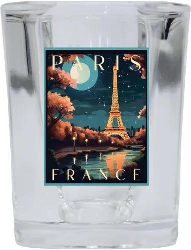 Vista 4 de Paris France Design C Souvenir - Vaso de chupito cuadrado de 2.5 onzas, base azul, paquete de 2