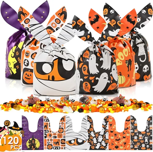 Vista 10 de AhfuLife 200 bolsas de celofán de Halloween, 8 diseños de bolsas de dulces transparentes de Halloween con lazos giratorios para golosinas o tratos