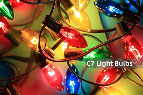Vista 6 de Paquete de 25 bombillas de repuesto C7, base de candelabro C7/E12, luces de Navidad multicolor para exteriores, interiores, patio, 5 W