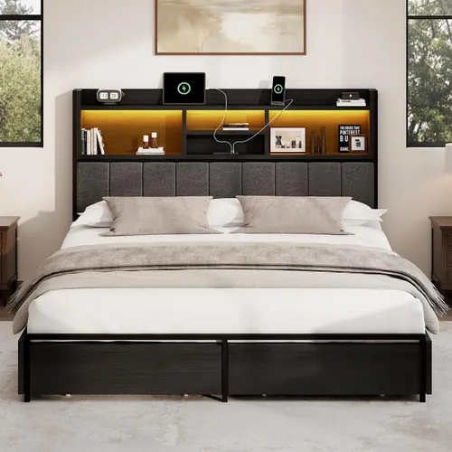 Vista 9 de BRELTAM Base de cama Queen con 6 cajones de almacenamiento, cabecera tapizada de lino, estación de carga USB integrada e iluminación LED, soporte