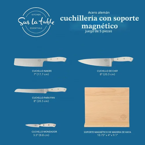 Vista 2 de Sur La Table Kitchen Essentials - Juego de 5 piezas de cuchillos de acero alemán con mango triple remachado en bloque magnético de madera de haya