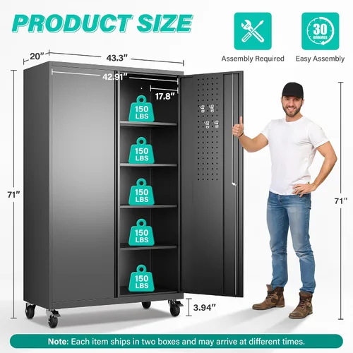 Vista 2 de SISESOL Gabinete de almacenamiento de metal ancho y profundo con ruedas, gabinete de almacenamiento de garaje alto rodante con cerradura, gabinetes