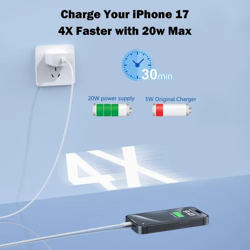 Vista 2 de Cargador para iPhone 17 16 15 de carga rápida, paquete de 2 bloques de cargador de pared tipo C con cable USB C a C de carga rápida de 1 metro