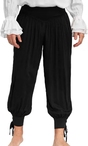 Vista 2 de Pantalones de tobillo medievales para niños, disfraz de pirata vikingo, renacentista, con cordones, con bandas cónicas, pantalones para niños