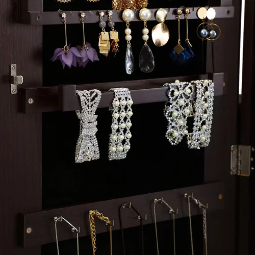 Vista 11 de SONGMICS - Armario gabinete de joyería con espejo espejo grande de pie de cuerpo completo organizador de joyas con cerradura color marrón UJJC69BR