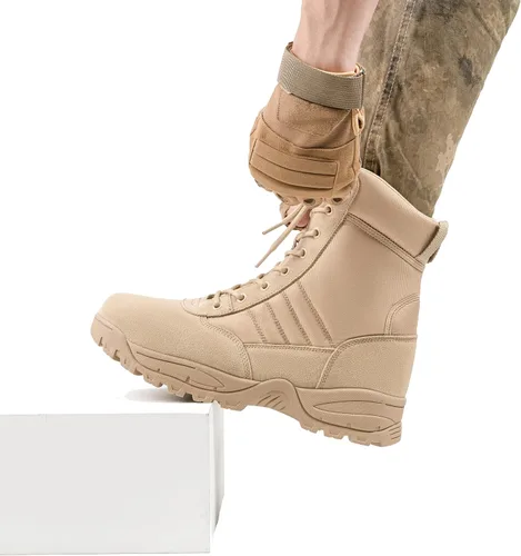 Vista 2 de Botas militares tácticas de trabajo para hombre, de piel negra, impermeables, para motocicleta, combate, militar, con cremallera lateral