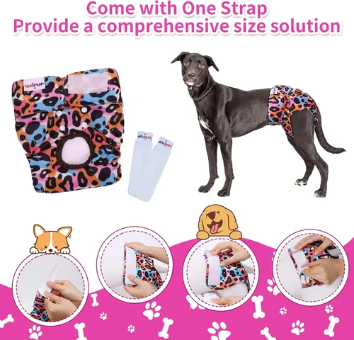 Vista 3 de Pañales reutilizables para perras femeninas, almohadillas lavables para orina de cachorro con correa ajustable para perros pequeños en calor e