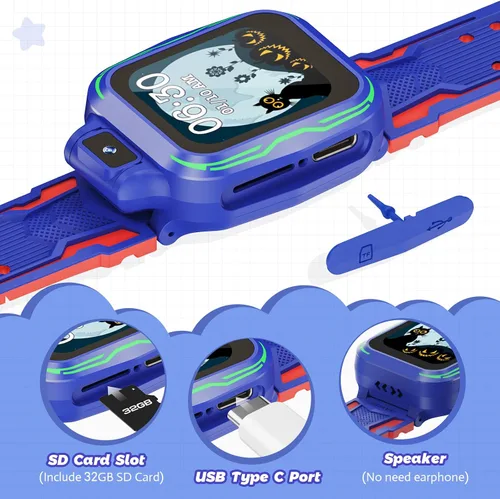 Vista 6 de Reloj inteligente digital para niños con cámara, pantalla táctil con video, alarma MP3, podómetro, juegos para niños de 3 a 9 años, regalos de Azul